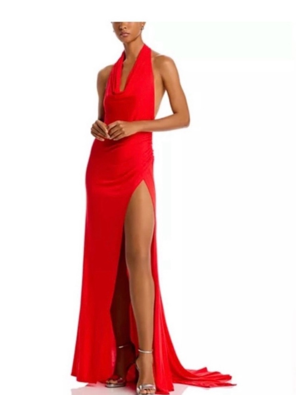 STAUD Red Backless Halter Gown with High Side Slit